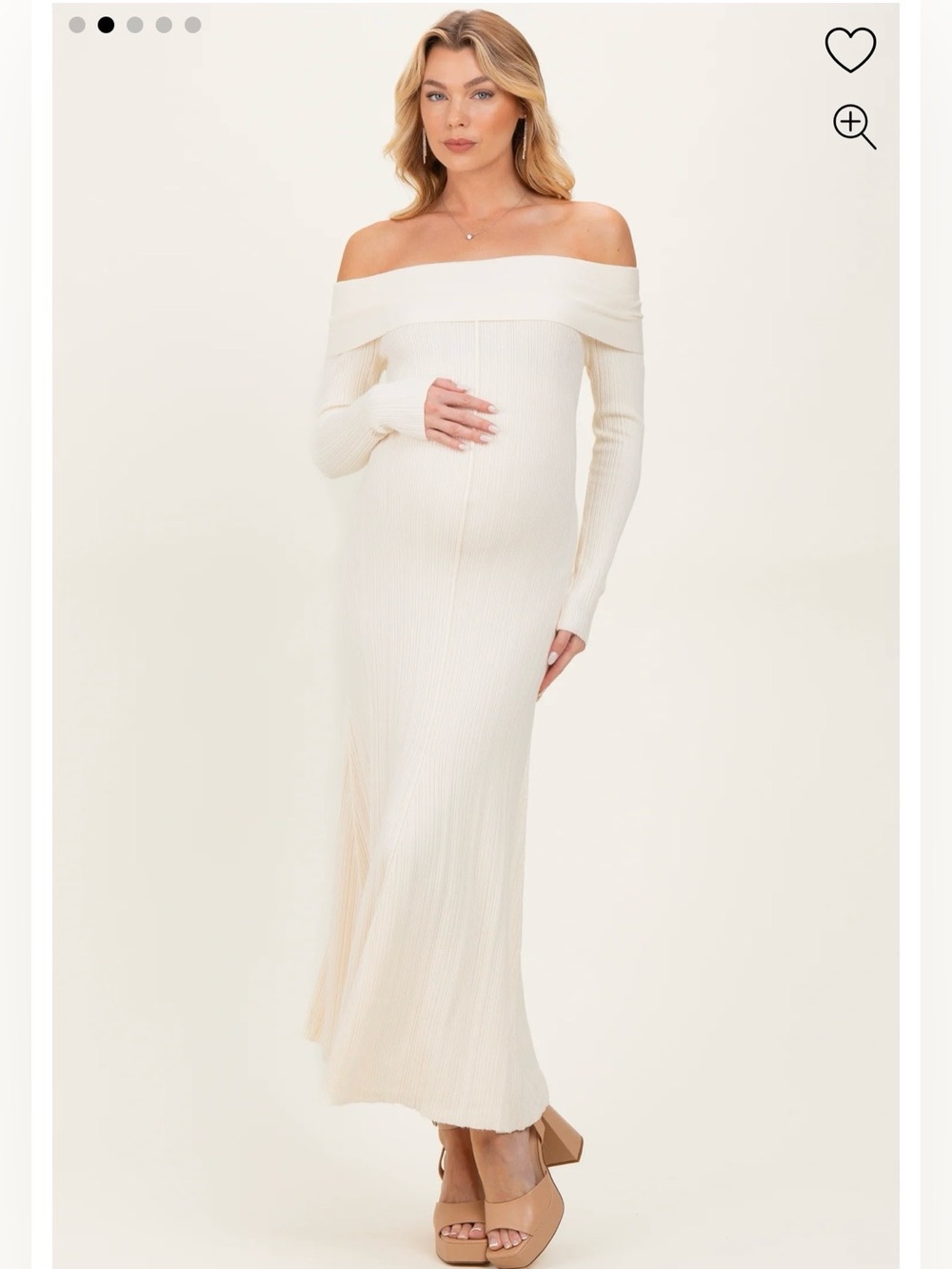 Pinkblush Off-Shoulder Ribbed Maternity Midi Dress in Cream